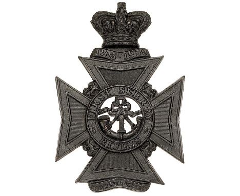 First Surrey Rifles Victorian OR’s helmet plate circa 1878-82.Good die-stamped blackened brass Maltese cross surmounted by a 