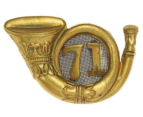 Scottish. 71st (Highland) (Light Infantry) OR’s glengarry/shako badge circa 1868-81.Good die-stamped brass ornate coiled bugl