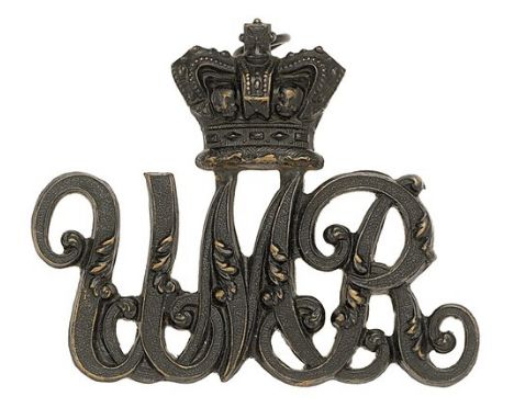 South Africa. Umvoti Mounted Rifles Victorian slouch hat badge.Good die-stamped blackened brass crowned foliated ‘UMR’ cypher