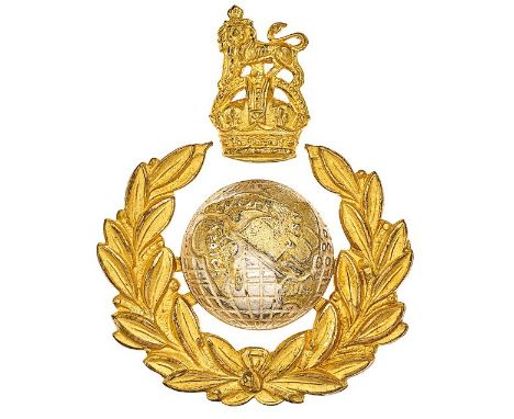 Royal Marines two part Officer’s cap badge circa 1923-52.Good die-cast gilt Royal Crest above separate gilt laurel sprays and