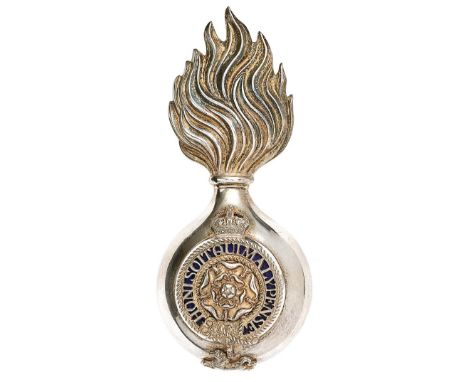 VB Royal Fusiliers (City of London Regiment), Edwardian Officer’s fur cap grenade circa 1901-08.Fine silvered flaming grenade