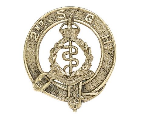 2nd Scottish General Hospital Royal Army Medical Corps piper’s post 1921 glengarry badge. Good cast nickel strap inscribed “2