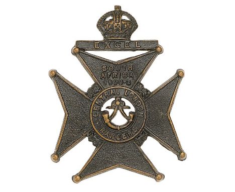 22nd Middlesex, Central London Rangers OR’s cap badge circa 1905-08 only.Scarce die-stamped blackened brass crown on “EXCEL” 