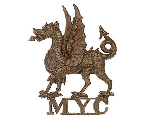 Montgomeryshire Yeomanry Cavalry OSD cap badge.Good die-cast bronze Welsh Dragon on voided ‘MYC’.BladesSlight verdigris to re