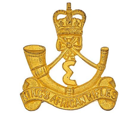 4th (Uganda) King’s African Rifles Officer’s gilt cap badge circa 1953-63.Fine die-cast crowned strung bugle on title scroll;