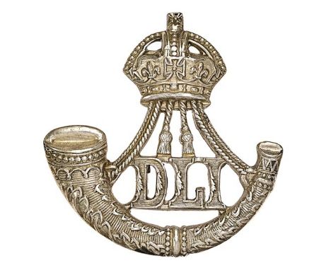 Durham Light Infantry Birmingham 1930 hallmarked silver Officer’s DLI cap badge.Fine die-cast crowned ornate strung bugle wit
