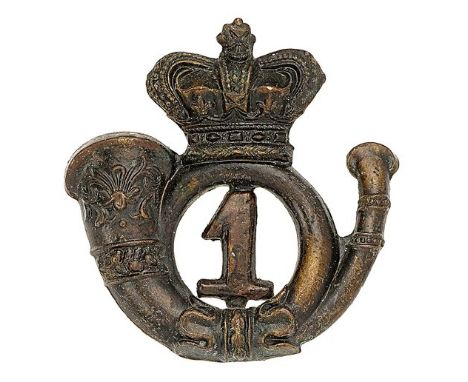 Scottish. 1st Lanarkshire Rifle Volunteers Victorian cap badge.Good small die-stamped blackened brass crowned coiled bugle; ‘