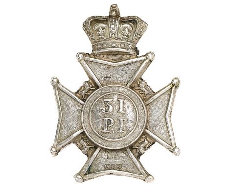 Indian Army 31st Punjab Infantry Victorian Birmingham 1892 silver hallmarked pagri badge.Fine die-stamped crowned Maltese cro