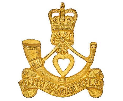 5th (Uganda) King’s African Rifles Officer’s gilt cap badge circa 1953-63.Fine die-cast crowned strung bugle on title scroll;