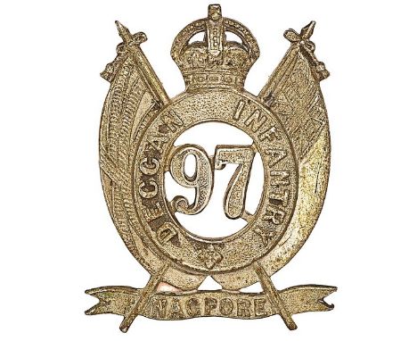 Indian Army. 97th Deccan Infantry  Officer’s cap badge.Die-cast silvered crowned circlet, ‘97’ to voided centre, superimposed