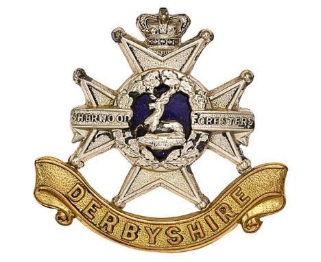 Sherwood Foresters (Derbyshire Regiment) Victorian Officer’s cap badge circa 1896-1901.Rare die-cast silvered example with gi