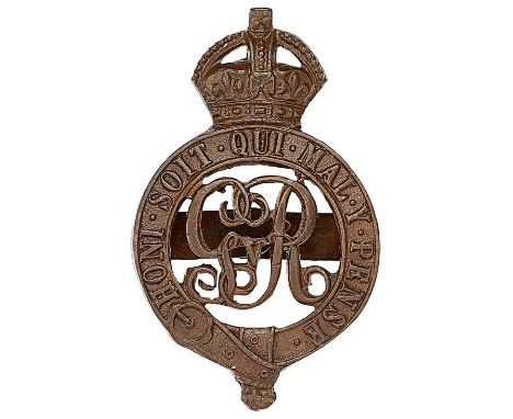 Household Cavalry GvR OSD cap badge circa 1919-36.Rare die-cast bronze crowned Garter; GvR cypher to voided centre.BladesVGC