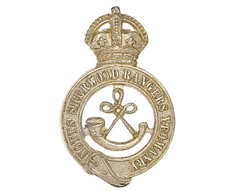 Notts, Sherwood Rangers Yeomanry pre 1952 Officer’s cap badge. Good die-cast silvered crowned title strap; strung bugle to vo