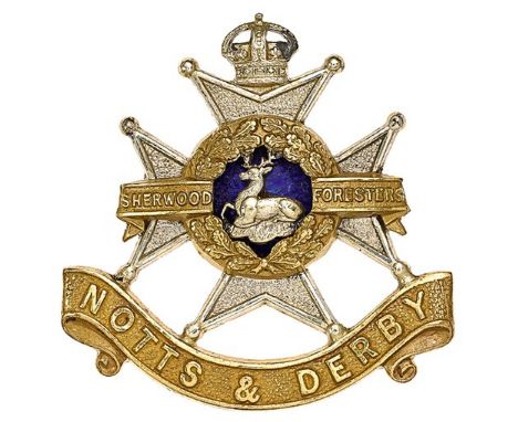 Sherwood Foresters (Nottinghamshire &amp; Derbyshire Regt.) Officer’s cap badge circa 1902-52.Fine die-cast silvered example 