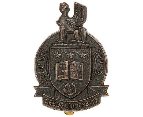 Leeds University Training Corps cap badge.Good scarce die-cast bronze University Arms shield with title scrolls; winged Sphin