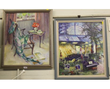 Dorothy Parsons, pair of oils on board entitled ' The Green Scarf' and 'Reflections Tunsgate' (titles verso) 