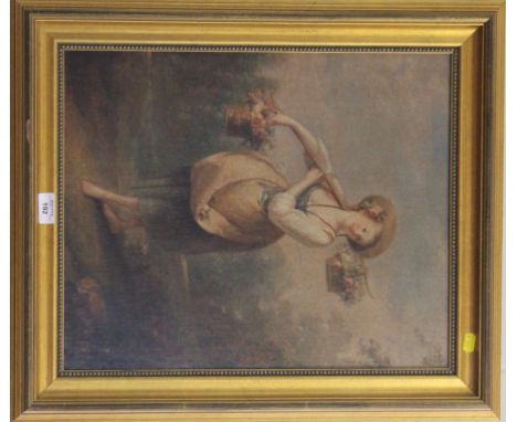 An attractive print of a young girl carrying baskets of flowers  