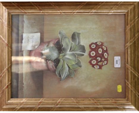 Lalide, study of a peach on the vine, watercolour and slack, signed, 26cm x 20cm, and a print of a potted plant (2)