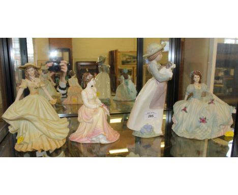 Coalport figurines: Ladies of Fashion - Lady in Lace - Age of Elegance - Tea Dance & On The Balcony. Nao figure: girl holding