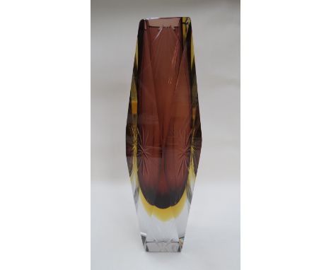 A Murano Sommerso vase, facet edge amethyst and amber encased in clear with cut star burst design, 30.5cm high  