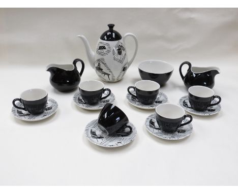 A Ridgway Homemaker range coffee set by Enid Seeney, coffee pot, sugar bowl, six cups and saucers and two milk jugs 