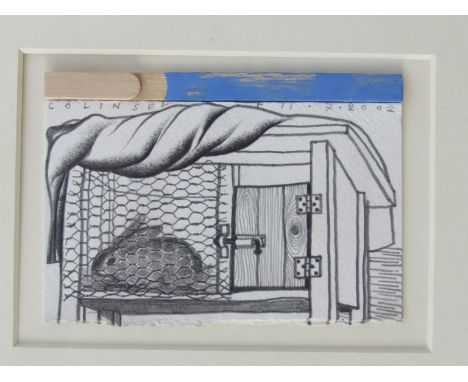 COLIN SELF (b.1941) (ARR) A framed & glazed pencil drawing with paint and lollipop stick - Rabbit in a hutch with drapery. Si