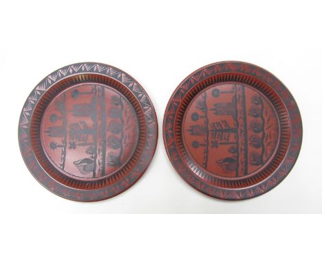 Scottie Wilson for Royal Worcester - Two Terracotta colour dinner plates with printed design 25cm diameter 