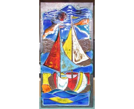 A West German relief wall tile depicting multi coloured boats on a dark background by Albertwerke Klingenberg, 60cm x 30cm