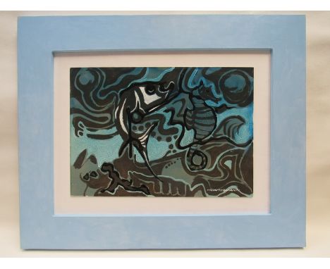 SPATE HUNTERMANN (ROBERT HUNT 1934-2014) A framed acrylic on board entitled "Big Fish". Details verso. Image size 29cm x 41cm