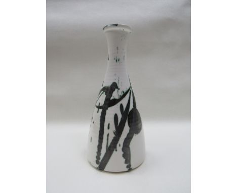 A modern Poole studio ceramic vase, white glaze with black/green random line and spot detail printed and incised marks 23cm h