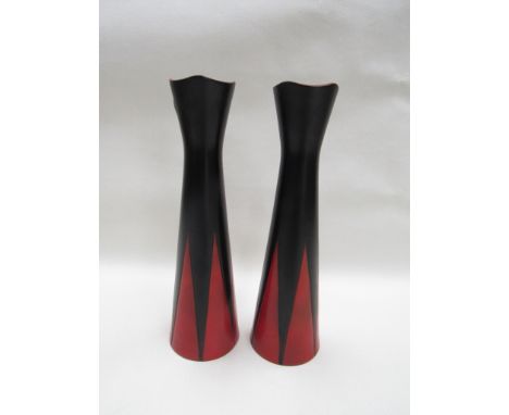 A pair of 1960's English ceramic vases in red and black with geometric design, 23cm tall