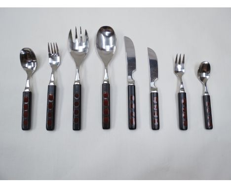 Denby Touchstone 'Garnet' pattern salad servers and six items of cutlery, unboxed, stainless steel with ceramic handles 