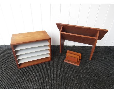 A teak wall shelf, office organiser and a desk tidy 