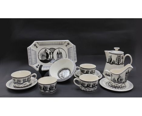 Scottie Wilson for Royal Worcester part set Birds and Fishes design in black on white ground 