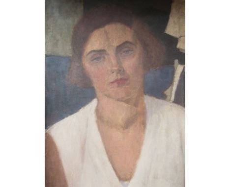 In the manner of MAURICE FEILD (1905-1988): An oil on canvas portrait of a lady. 48.5 x 38.5cm. Unframed 