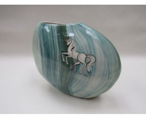 A 1950's Italian ceramic free form vase painted with Stallion. Indistinctly signed. 16.5cm tall 