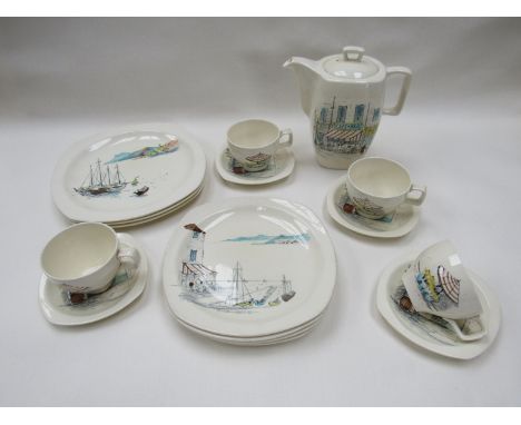Hugh Casson for Midwinter - A 'Riviera' pattern coffee pot, four cups and saucers and seven plates 
