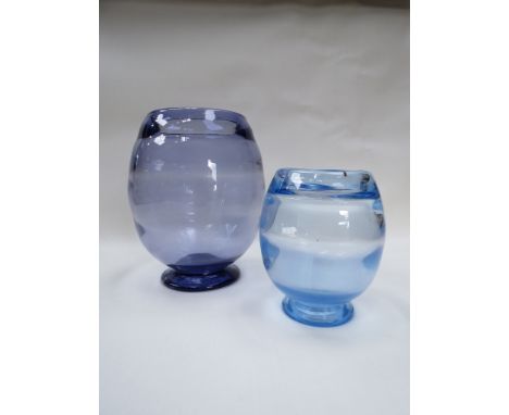 A Whitefriars amethyst vase of optic ovoid form on pedestal base togeter with a smaller blue example, tallest 21cm