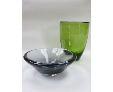 A Holmegaard green glass art case by Per Lutken, signed to base and an Orrefors Swedish art glass bowl in pewter colour way a