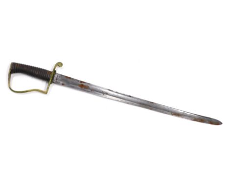 A British Army 1896 pattern sword, with fullered blade, with brass stirrup hilt and ribbed steel grip, the blade measures 69c