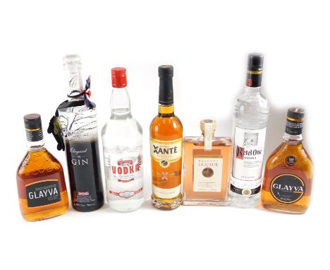 Various bottles of spirits, to include William's elegant 48 gin, Glayva liqueur, vodka, etc. 