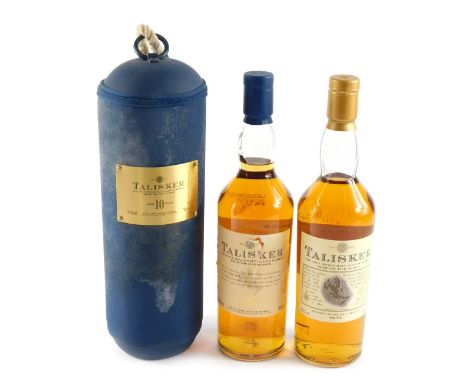 A bottle of Talisker single malt scotch whisky from the Isle of Sky, aged ten years, in canvas carrying case, and another bot