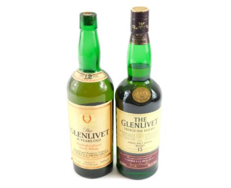 A bottle of the Glenlivet twelve year old unblended old malt scotch whisky, and a bottle of the Glenlivet French Oak Reserve 