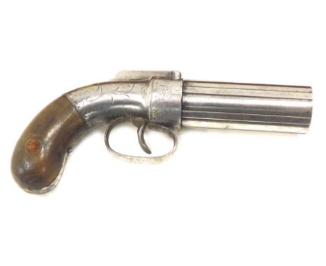 A 19thC six shot pepper box revolver by Allen Thurber &amp; Co of Worcester, the bar hammer action stamped Allen's Patent and