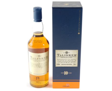 A bottle of Talisker Isle of Skye single malt scotch whisky, aged ten years. 