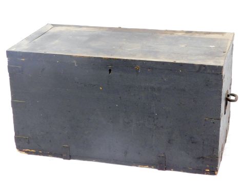A black painted pine and metal bound tool chest, with recessed handles, 100cm wide. 