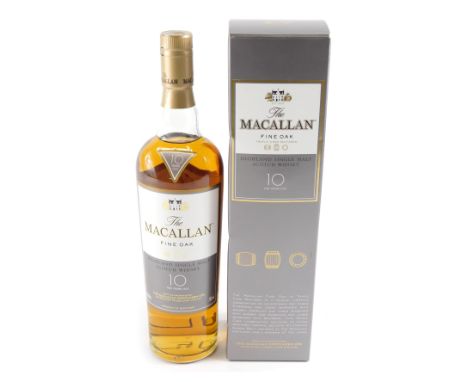 A bottle of Macallan Fine Oak Triple Cast Matured Highland single malt Scotch whisky ten years old, boxed. 