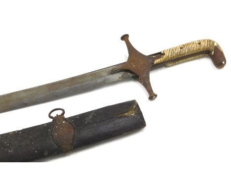 A 19thC Indian sword or sabre with curved blade, iron guard, and part ivory handle, the blade with indistinct engraving withi