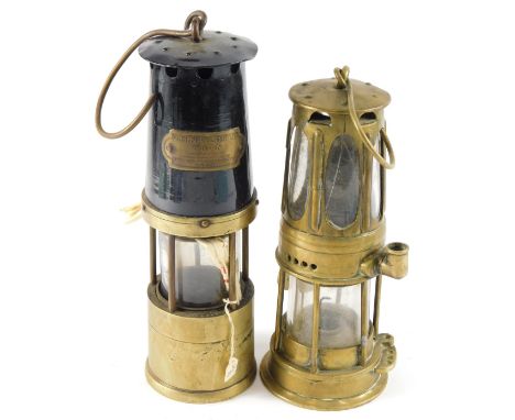 A JH Naylor Limited of Wigan brass miner's lamp, and another brass oil lamp, indistinctly stamped Patent Lamp Company Sight B