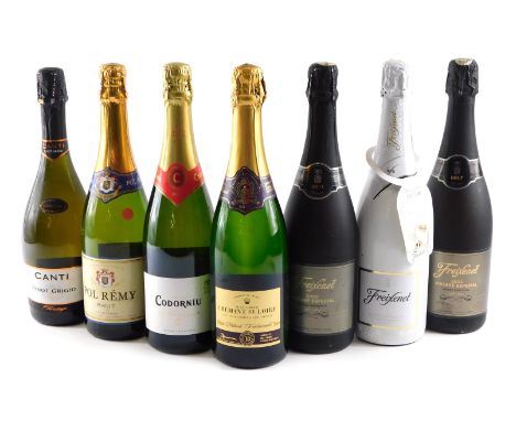 Seven bottles of sparkling wine, various countries, to include France and Spain. 